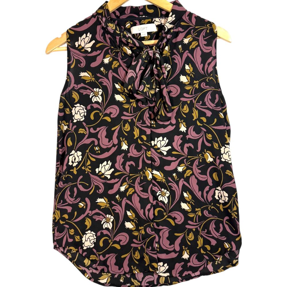 Loft XS Floral Tie Neck Top Sleeveless Black Purple Gold Office Retro Feminine